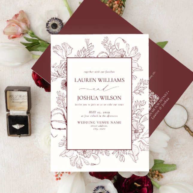 Convite Casamento de Arte da Linha Floral Elegante Burgund (Criador carregado)