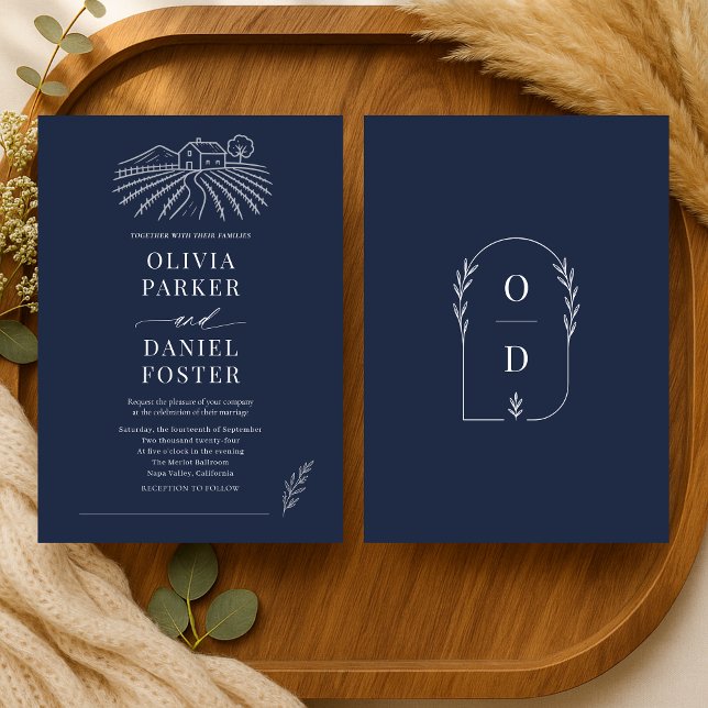 Convite Casamento de Arte de Linha Azul Marinho da Vinícol (Criador carregado)