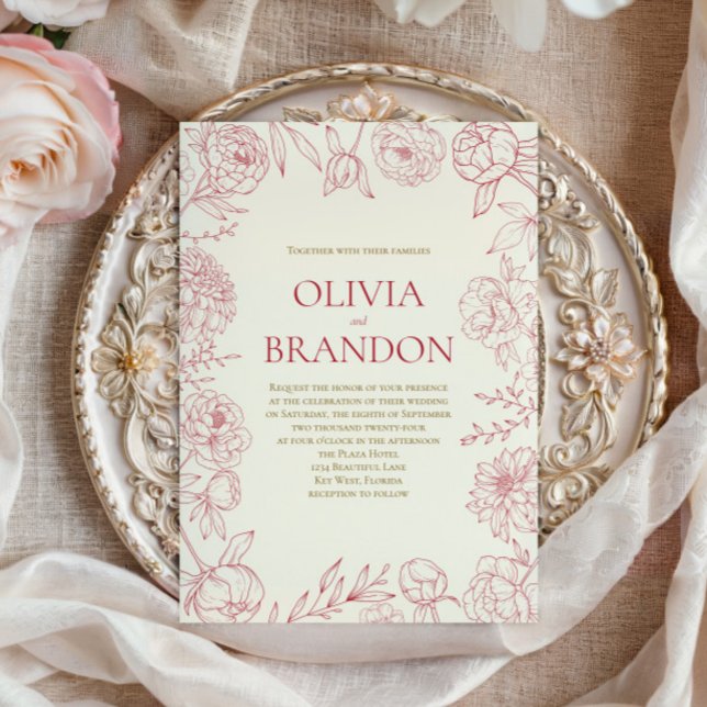 Convite Casamento de Arte de Linha de Fronteira Floral de  (Criador carregado)