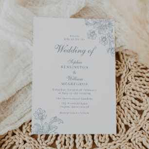 Convite Casamento de Arte de Linha Floral Azul Empoeirado