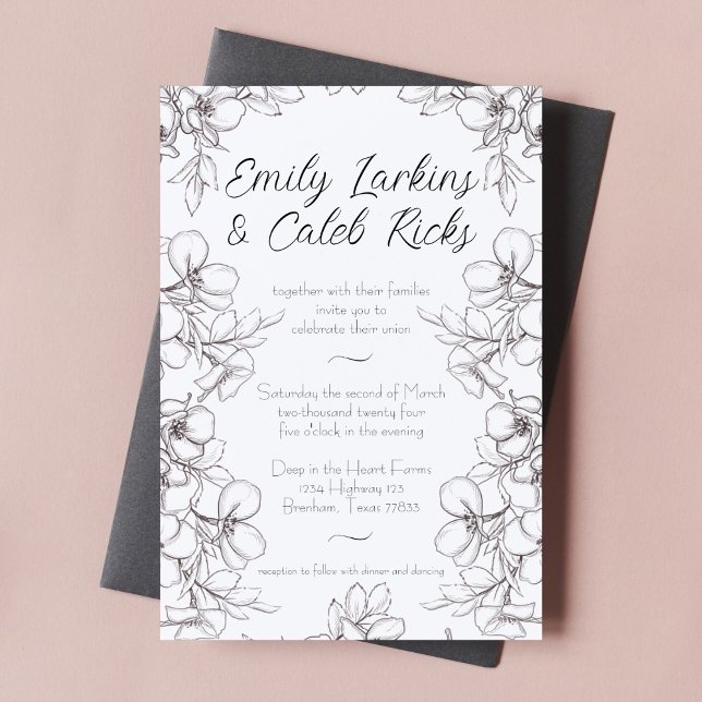 Convite Casamento de Arte de Linha Floral Preta e Branca (black and white line art floral border wedding invitation script cursive typography elegant design)