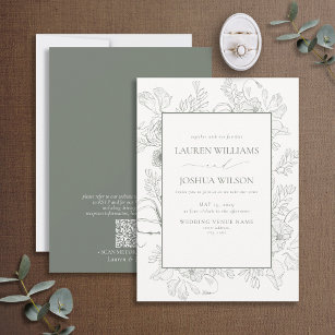Convite Casamento de Arte de Linha Floral Verde Elegante S