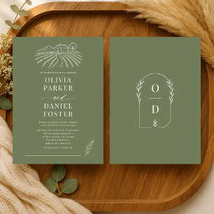Convite Casamento de Arte de Linha Verde Oliva da Vinícola