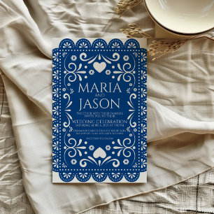 Convite Casamento de Arte do Folk Branco Azul Papel Picado