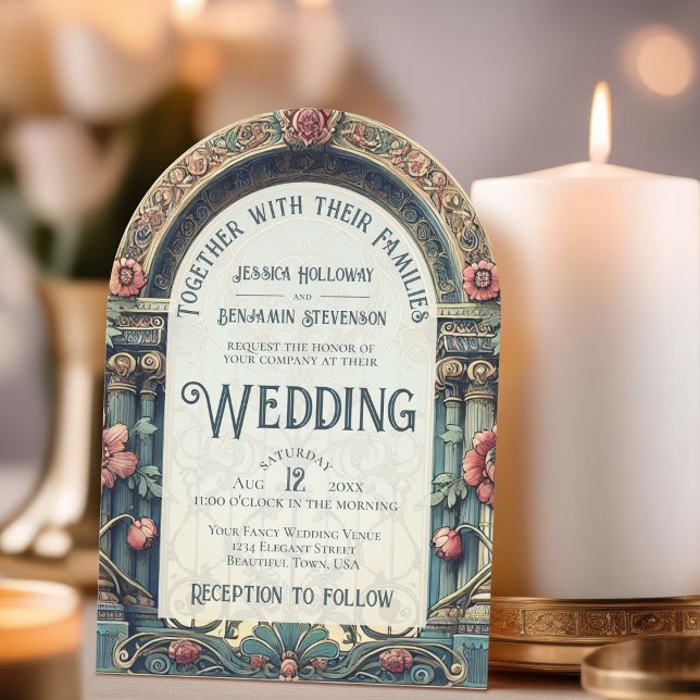Convite Casamento de Arte Elegante Teal e Rosa Nouveau (With Arch Cut)