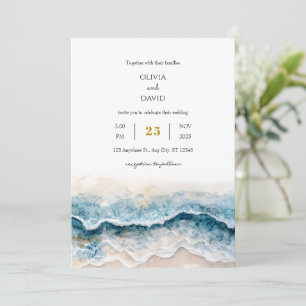 Convite Casamento de Arte em Aquarela com Ondas Azuis na P