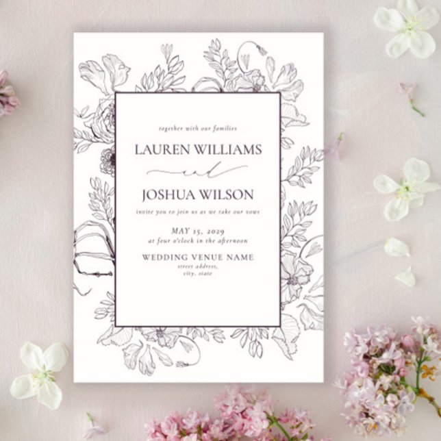 Convite Casamento de Arte em Linha Floral Púrpura Elegante (Criador carregado)