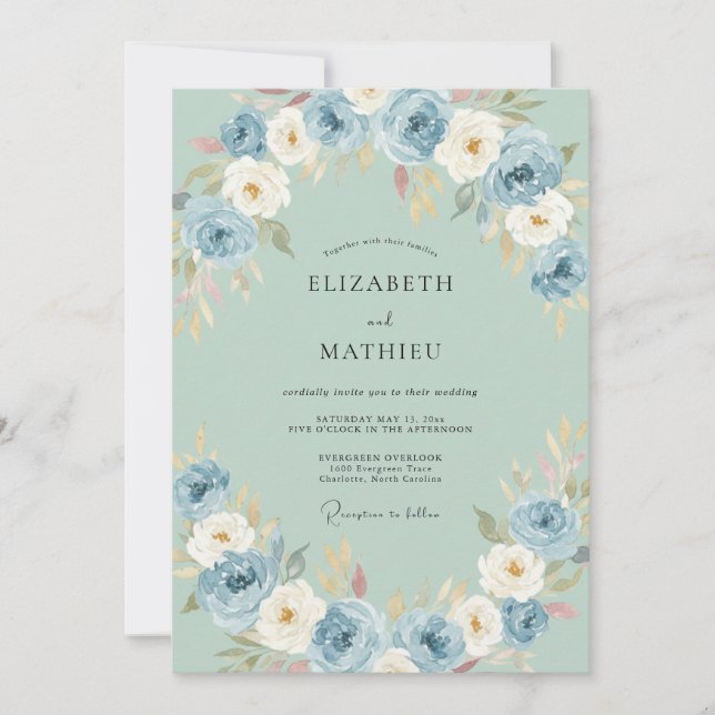 Convite Casamento de Arte Floral Azul (Frente)