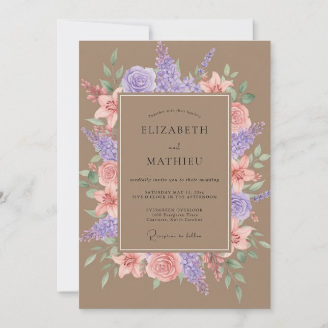 Convite Casamento de Arte Floral Lilás Blush (Frente)