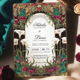 Convite Casamento de Arte Floral Nouveau de Emerald Jewel