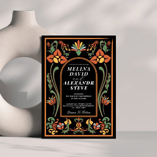Convite Casamento de arte floral vintage preto e laranja