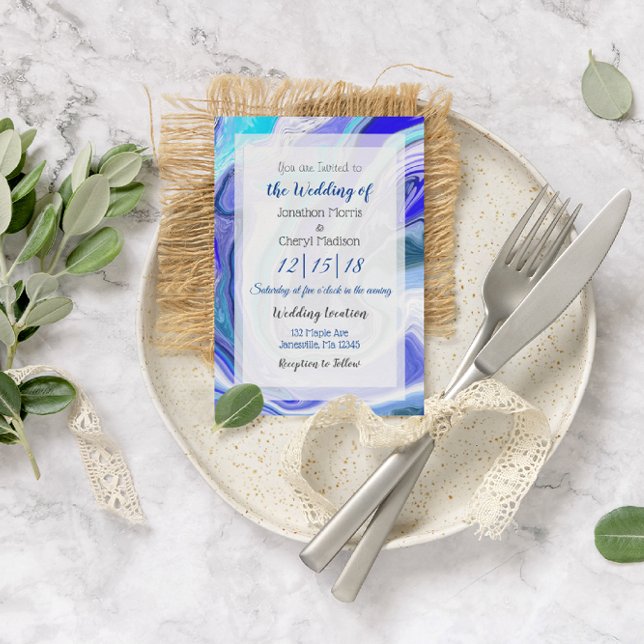 Convite Casamento de Arte Fluida Marble Azul (Criador carregado)