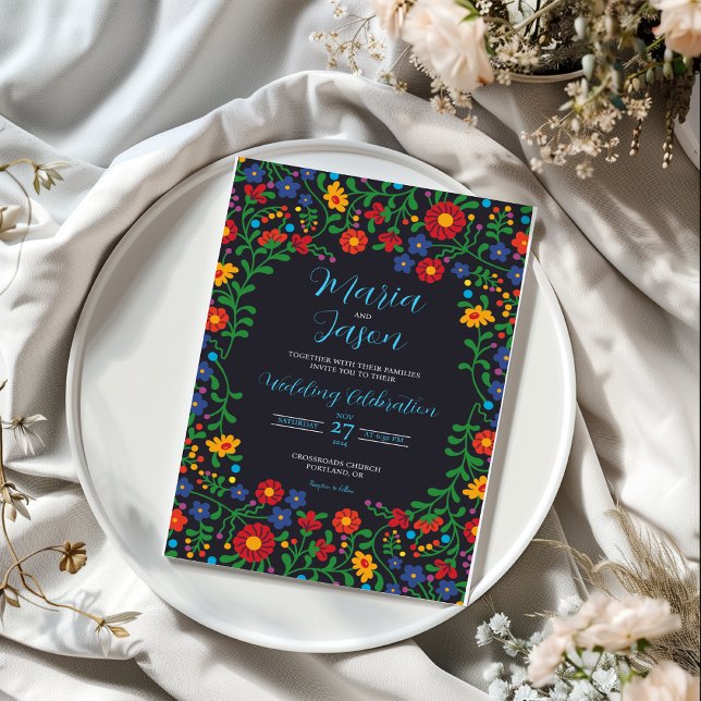 Convite Casamento de Arte Foliar Preta Mexicana (Mexican Black Floral Colorful Folk Art Wedding Invitation)