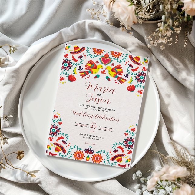 Convite Casamento de Arte Folk Mexicano Fiesta Sombrero (Mexican Fiesta Sombrero Folk Art Wedding Invitation)