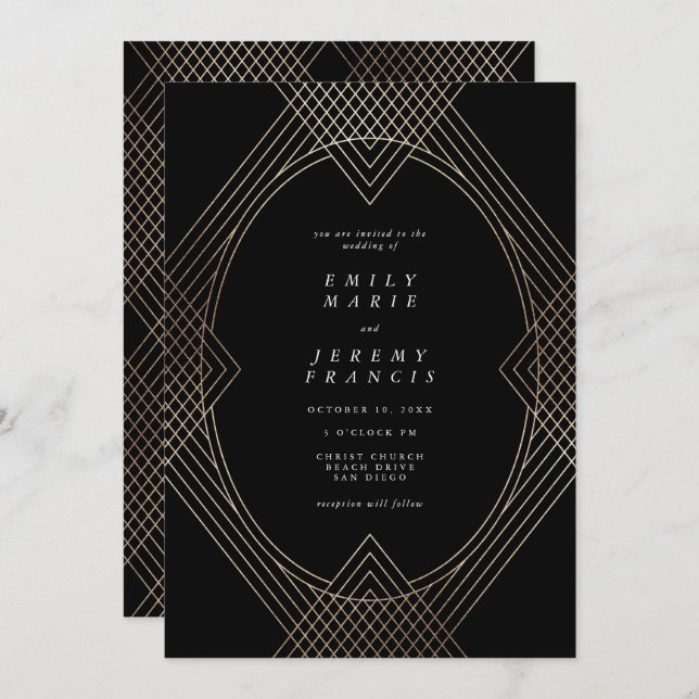 Convite Casamento de Arte Geométrica Deco Gatsby Dourado O (Frente/Verso)
