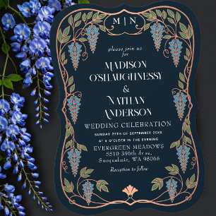 Convite Casamento de Arte Nova com Dourado Rosa e Wisteria