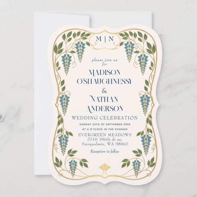 Convite Casamento de Arte Nova Dourada com Wisteria Azul  (Frente)