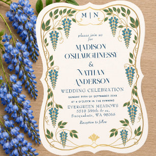 Convite Casamento de Arte Nova Dourada com Wisteria Azul