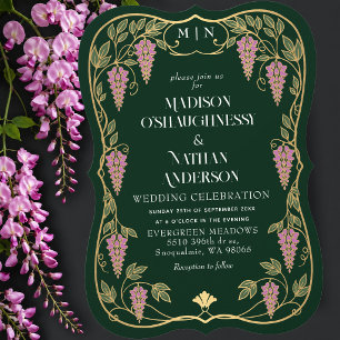 Convite Casamento de Arte Nova Dourada com Wisteria Rosa