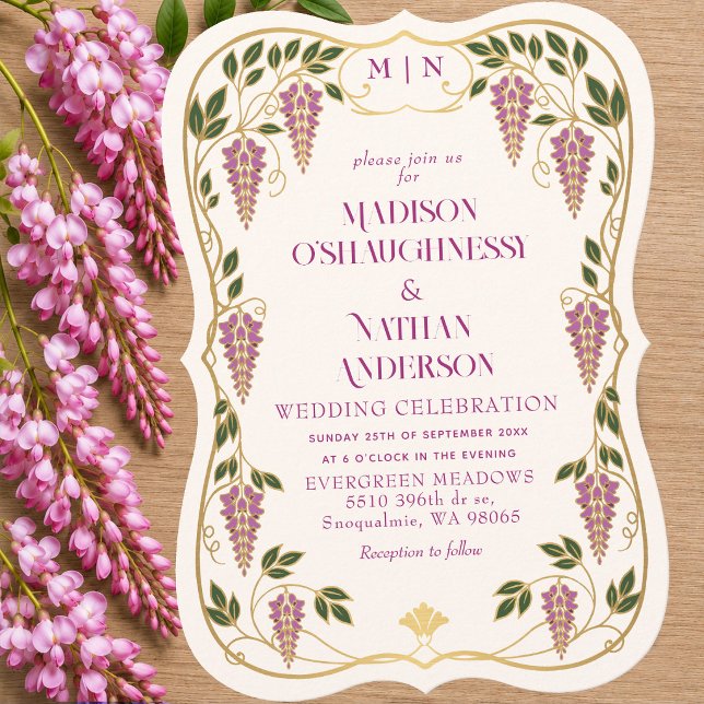 Convite Casamento de Arte Nova Dourada com Wisteria Rosa (Criador carregado)