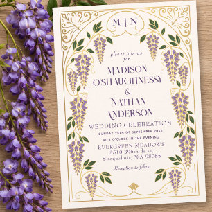Convite Casamento de Arte Nova Dourada com Wistéria Roxa