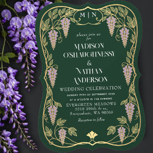 Convite Casamento de Arte Nova Dourado Roxo Wisteria