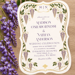 Convite Casamento de Arte Nova Dourado Roxo Wisteria