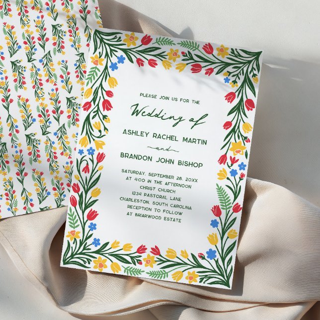 Convite Casamento de Arte Popular com Tulipas e Narcisos C (Criador carregado)