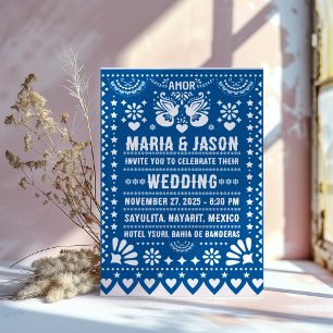 Convite Casamento de Arte Popular Fiesta Papel Picado Azul