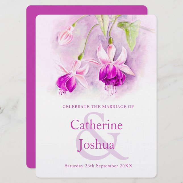 Convite Casamento de arte rosa roxa da Fuchsia (Frente/Verso)