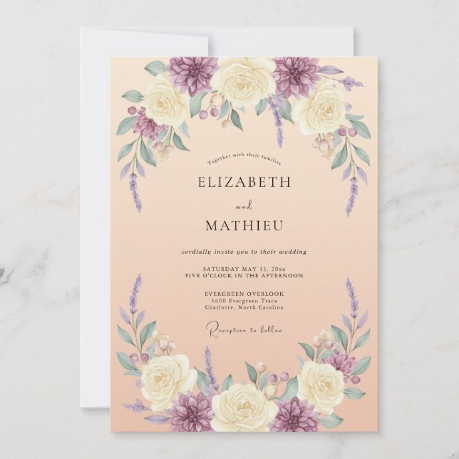 Convite Casamento de Artística Floral Lavanda Creme (Frente)