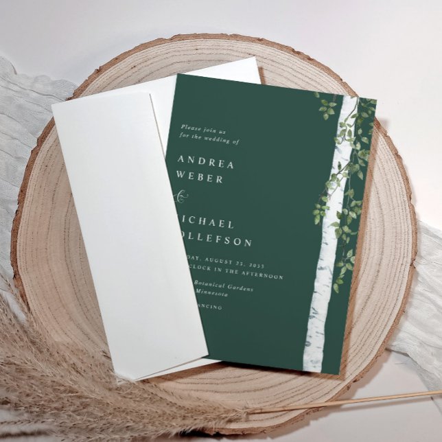 Convite Casamento de Árvore de Bétula Aspen Verde Esmerald (Birch tree wedding invitations - emerald green)