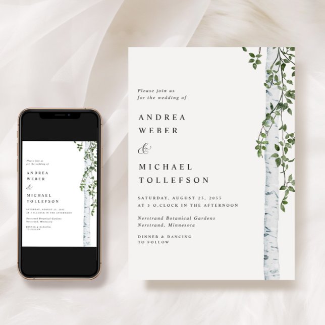 Convite Casamento de Árvore de Bétula com Verdura Aspen (Simple Birch Tree Wedding Invitation - Aspen Leaves - Foliage Greenery Woodsy Elegant Boho)