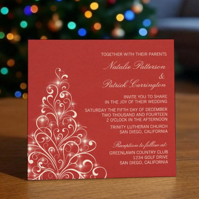 Convite Casamento de Árvore de Feriado Sparkly, Vermelho (Red Sparkly Holiday Tree Wedding Invitation)