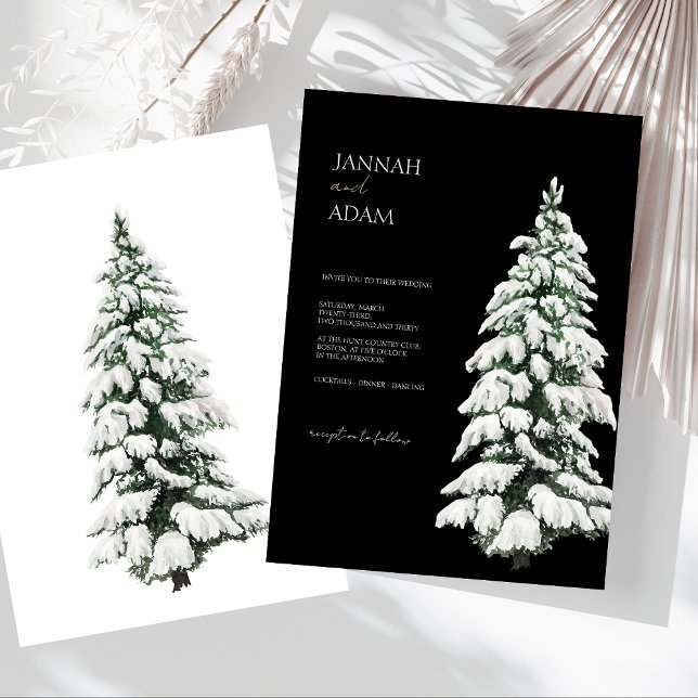 Convite Casamento de Árvore de Natal da Neve Negra de inve (Winter Black and White Snowy Pine Tree Wedding Invitation)