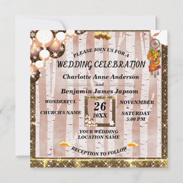 Convite Casamento de Árvore de Neve Rustic Boho Ouro Glitt (Frente)