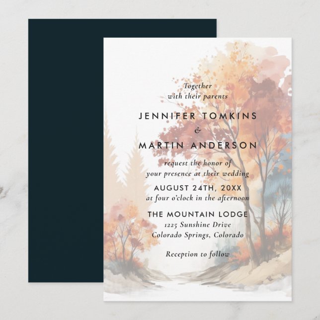 Convite Casamento de Árvore de outono de Aquarela (Frente/Verso)