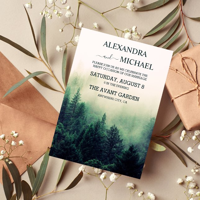 Convite Casamento de Árvore de Pinheiros Emerald Green Wat (Criador carregado)