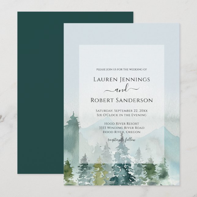 Convite Casamento de Árvores de Pinheiros Rustic Watercolo (Frente/Verso)
