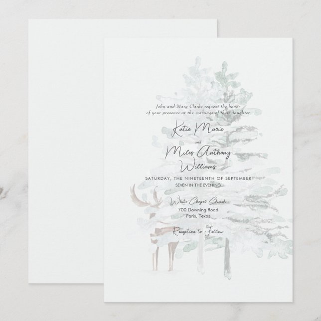 Convite Casamento de Árvores e Cervos em Aquarela Floresta (Frente/Verso)