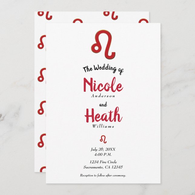 Convite Casamento de Astrologia do Zodíaco Vermelho LEO ju (Frente/Verso)