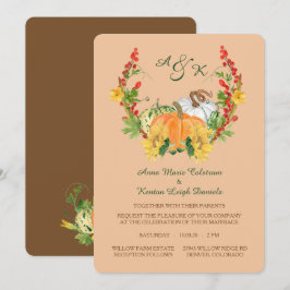 Convite Casamento de Autumn Harvest Floral Wreath Monogram