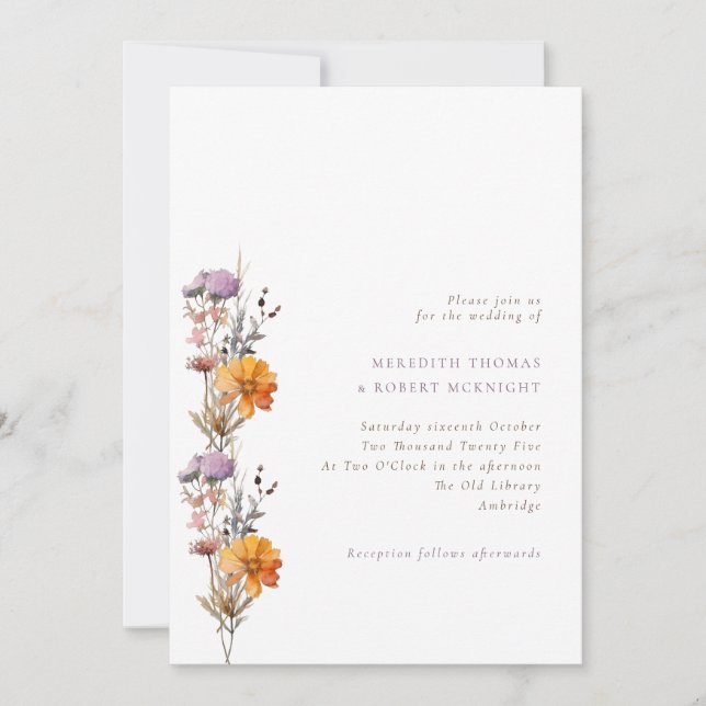 Convite Casamento de Autumn Purple & Orange Wildflower (Frente)