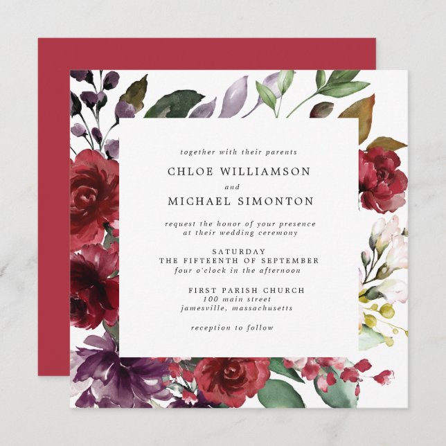 Convite Casamento de Autumn Red Floral Square (Frente/Verso)