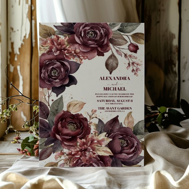 Convite Casamento de Autumn Romance Burgundy Watercolor (Criador carregado)