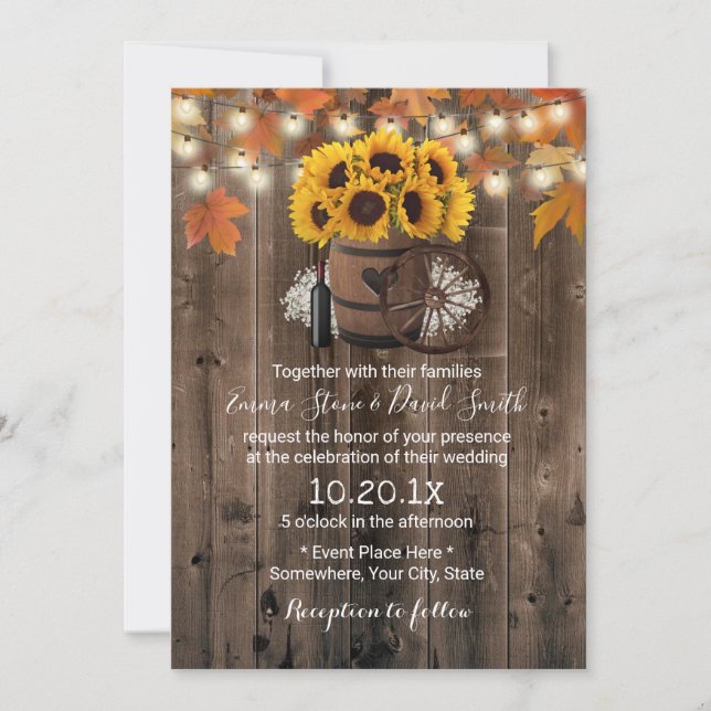 Convite Casamento de Autumn Sunflower Wood Barrel Rustic B (Frente)