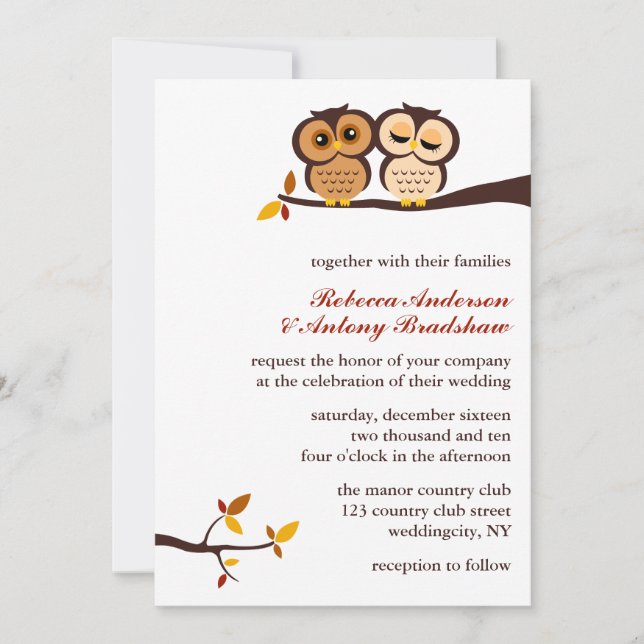 Convite Casamento de Autumn Themed Owls (Frente)