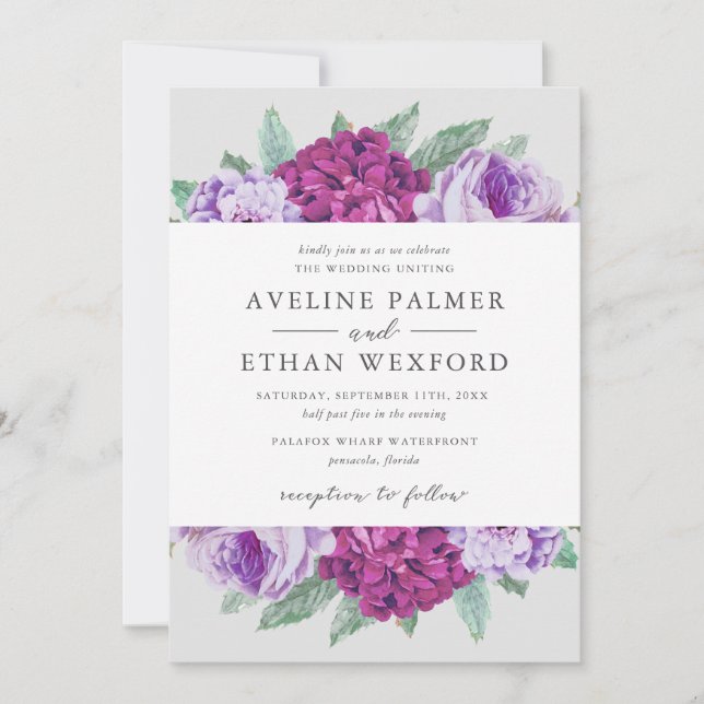 Convite Casamento de Aveline Purple Watercolor Floral (Frente)