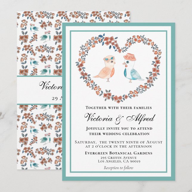 Convite Casamento de aves amadoras de aquarelas azuis eleg (Frente/Verso)