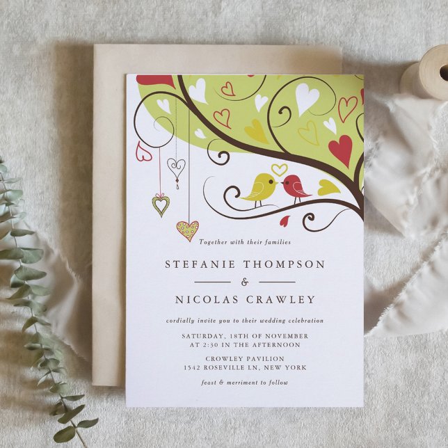 Convite Casamento de aves brancas e brancas (Yellow and Red Lovebirds Wedding Invitation)